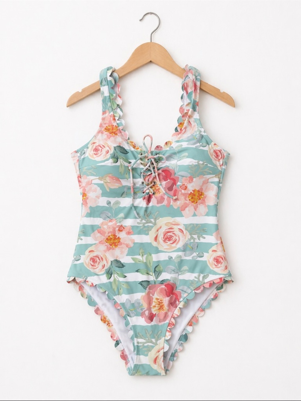 Floral One Piece Swimsuit Women’s Large Lace-Up Front Scalloped Trim Mint